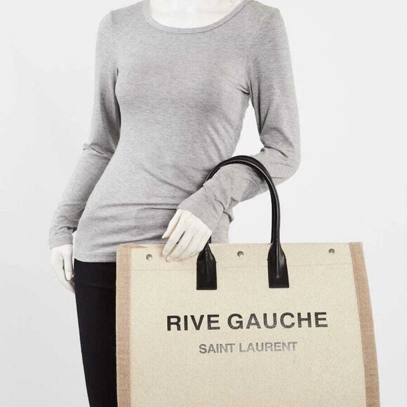 Yves Saint Laurent Natural Linen And Leather Rive Gauche Tote Bag - Picture 2 of 9